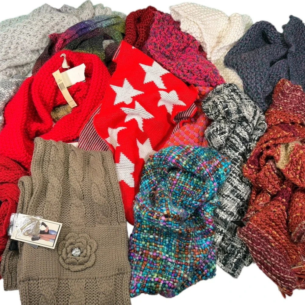 Mixed Multi Scarf Bundle Lot of 16 Knit Stretch Scaraves Crochet Boho Wintercore